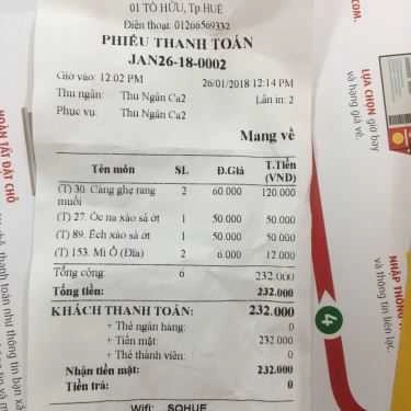 Thực đơn- Quán Ăn Sò Huế - Tố Hữu