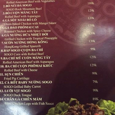 Thực đơn- Quán Ăn Sogo Cook - Lẩu Hongkong