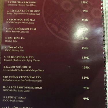 Thực đơn- Quán Ăn Sogo Cook - Lẩu Hongkong