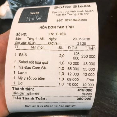 Thực đơn- Quán Ăn Soho Steak - Quán Bò Bít Tết