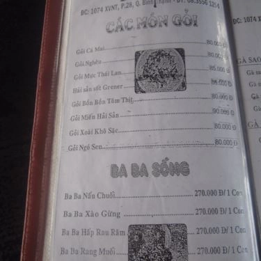 Thực đơn- Quán Ăn Song Yến - Câu Cá Giải Trí