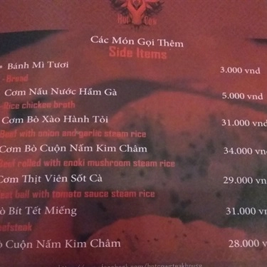 Thực đơn- Quán Ăn Steak House - Hot Cow - Điện Biên Phủ