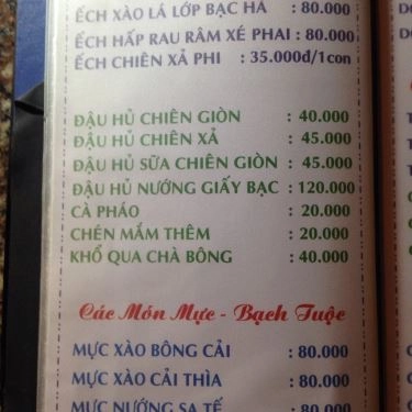 Thực đơn- Quán Ăn Suối Trăng Quán - Hồ Văn Cống