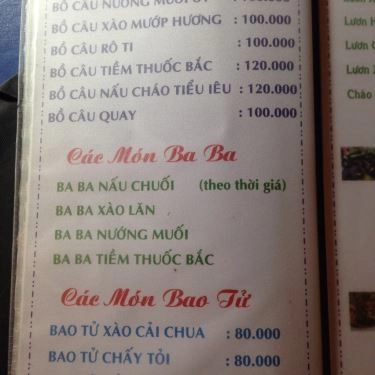 Thực đơn- Quán Ăn Suối Trăng Quán - Hồ Văn Cống