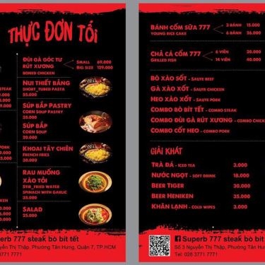 Thực đơn- Nhà Hàng Superb 777 Steak Bò Bít Tết - Nguyễn Thị Thập