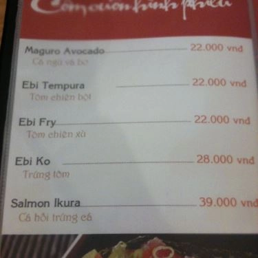 Thực đơn- Quán Ăn Tanaka - Sushi Bình Dân