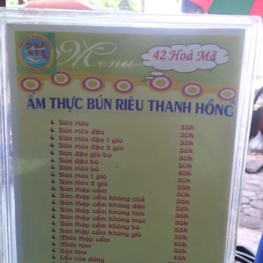 Thực đơn- Quán Ăn Thanh Hồng - Bún Riêu Cua
