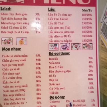 Thực đơn- Quán Ăn Thánh Lẩu - Nguyễn Chí Thanh