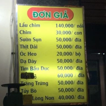Thực đơn- Quán Ăn Thành Thuỷ - Lẩu Cháo Chim