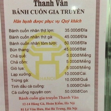 Thực đơn- Quán Ăn Thanh Vân - Bánh Cuốn Gia Truyền