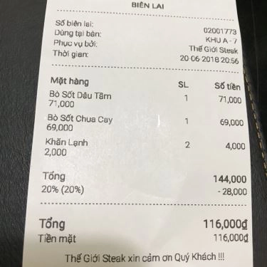 Thực đơn- Quán Ăn Thế Giới Steak - Phan Văn Trị