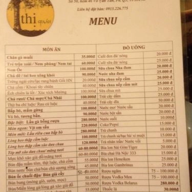 Thực đơn- Quán Ăn Thị Quán - Lẩu Gà Bỗng Rượu