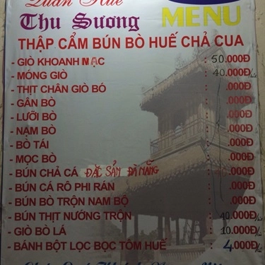 Thực đơn- Quán Ăn Thu Sương - Bún Bò Huế