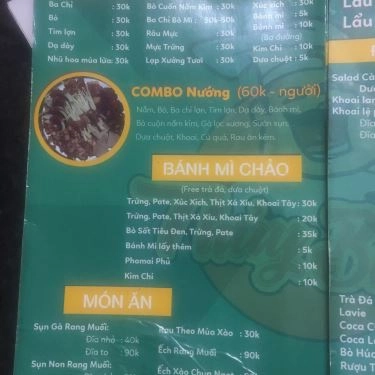 Thực đơn- Quán Ăn Thủy Bụng - Nướng Bình Dân