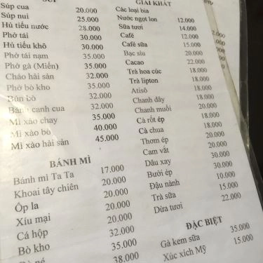 Thực đơn- Ta Ta - Quán Ăn Gia Đình