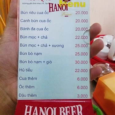 Thực đơn- Quán Ăn Bún Riêu Cua Đồng - Tiến Cua Quán