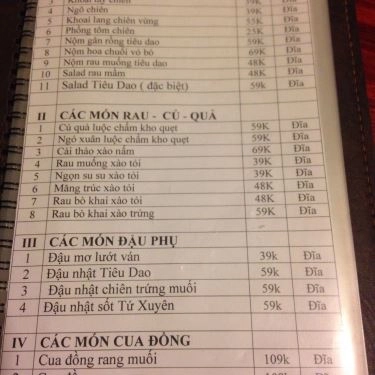 Thực đơn- Quán Ăn Tiêu Dao Quán - Ẩm Thực Đồng Quê