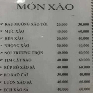 Thực đơn- Quán Ăn Tre Xanh - Nhậu Bình Dân
