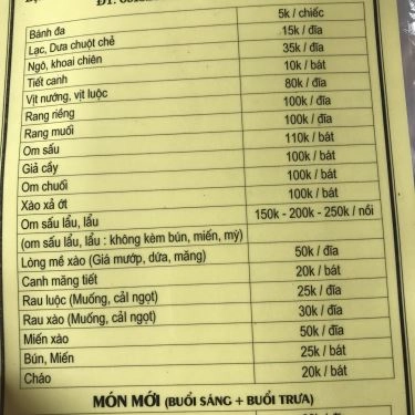 Thực đơn- Quán Ăn Trung Dũng - Vịt Cỏ Vân Đình