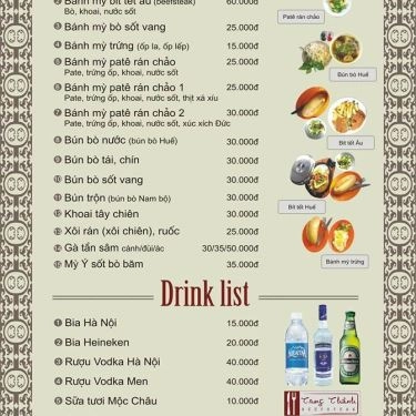 Thực đơn- Quán Ăn Trung Thành - Bít Tết & Bánh Mì Chảo - Tô Hiệu