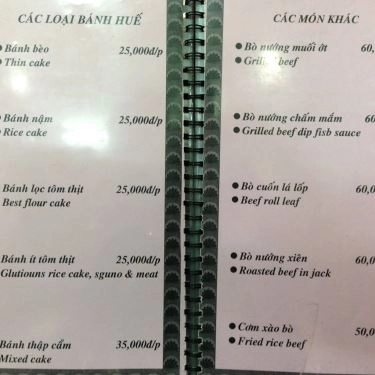 Thực đơn- Quán Ăn Trường Tiền - Đặc Sản Miền Trung