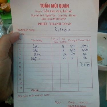 Thực đơn- Quán Ăn Tuấn Mùi - Bún Miến & Lẩu Các Loại