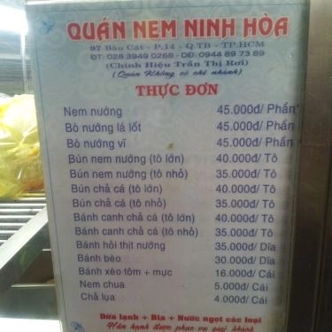 Thực đơn- Quán Ăn Quán Nem Ninh Hòa - Bàu Cát