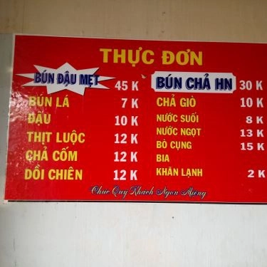 Thực đơn- Quán Ăn Bún Đậu & Bún Chả Hà Nội - Đường Số 11N