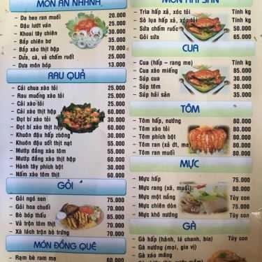 Thực đơn- Quán Ăn Khu Du Lịch Sinh Thái Vân Chiều Quán