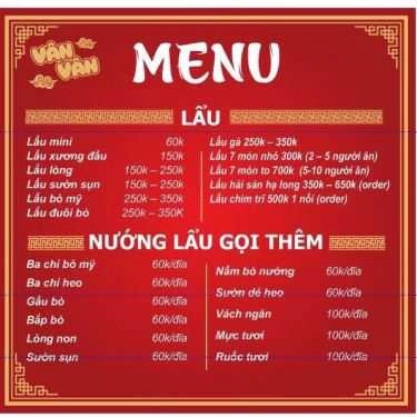 Thực đơn- Vân Vân Quán - Nướng Cay & Lẩu 7 Món