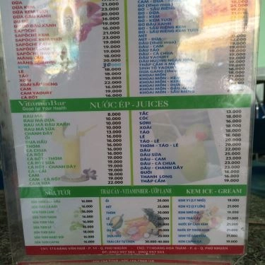 Thực đơn- Quán Ăn Vitamin Bar I - Sinh Tố & Ăn Vặt