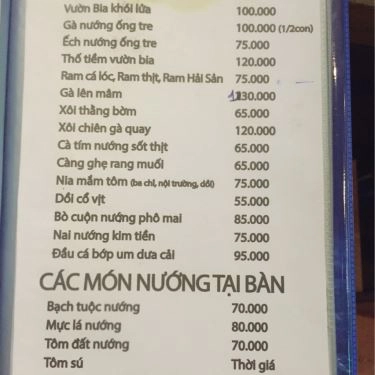 Thực đơn- Nhà Hàng Vườn Bia Restaurant - Các Món Nhậu
