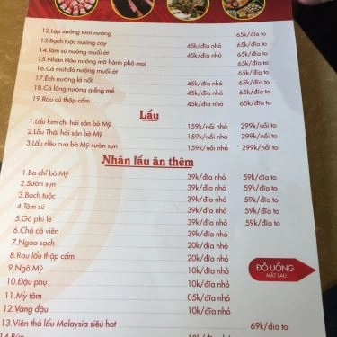 Thực đơn- Quán Ăn Xóm Nướng - Lẩu & Nướng
