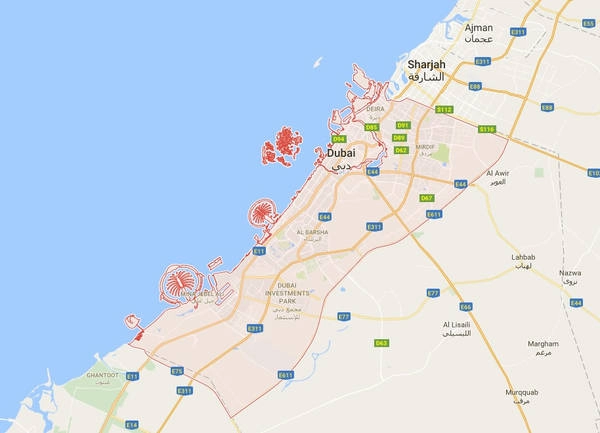 Thành phố Dubai (khu vực khoanh đỏ trên bản đồ) là một trong 7 tiểu vương quốc của Các Tiểu Vương quốc Ả rập Thống nhất, nằm ở phía nam vịnh Ba Tư. Ảnh chụp màn hình. Thành phố Dubai (khu vực khoanh đỏ trên bản đồ) là một trong 7 tiểu vương quốc của Các Tiểu Vương quốc Ả rập Thống nhất, nằm ở phía nam vịnh Ba Tư. Ảnh chụp màn hình.
