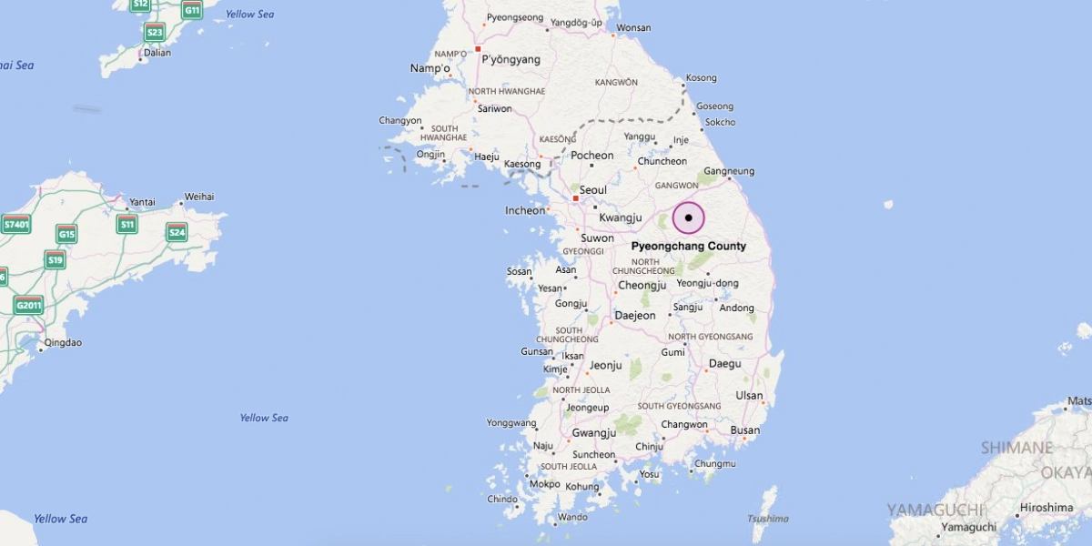 Có diện tích gần 1.500 km2 với các dãy núi và thung lũng, Pyeongchang có dân số 43.000 người sống chủ yếu bằng nông nghiệp. Đây là thành phố được Hàn Quốc chọn làm nơi tổ chức Olympic mùa đông 2018. Ảnh: Bing Map. Có diện tích gần 1.500 km2 với các dãy núi và thung lũng, Pyeongchang có dân số 43.000 người sống chủ yếu bằng nông nghiệp. Đây là thành phố được Hàn Quốc chọn làm nơi tổ chức Olympic mùa đông 2018. Ảnh: Bing Map.