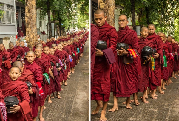 Các tu sĩ đi khất thực trên đường phố Mandalay. Ảnh: Escapology Các tu sĩ đi khất thực trên đường phố Mandalay. Ảnh: Escapology
