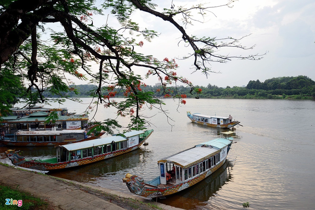 Ngoài đến đây chiêm bái, bạn có thể xuống bến nước ở phía trước chùa, nơi có những thuyền rồng neo đậu, để chiêm ngưỡng vẻ hữu tình của thiên nhiên. Những hàng phượng rực sắc, con đường nhỏ uốn lượn bên bờ sông, vẻ yên ắng của bến thuyền, những ngọn đồi trùng điệp phía xa, tô điểm cho bức tranh cảnh vật xứ Huế. Ảnh: Lê Hiếu.