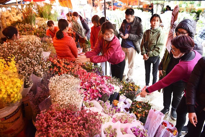 Mặt hàng chính tại chợ vẫn là các loại hoa để cắm, với nhiều chủng loại khác nhau. Hoa ở đây có nguồn gốc từ làng Tây Tựu (Bắc Từ Liêm), Mê Linh, Nhật Tân (Tây Hồ)... Ảnh: Giang Huy.