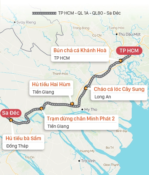 Quán ăn gợi ý trên đường từ TP HCM đi Sa Đéc. Đồ họa: Tạ Lư. Quán ăn gợi ý trên đường từ TP HCM đi Sa Đéc. Đồ họa: Tạ Lư.