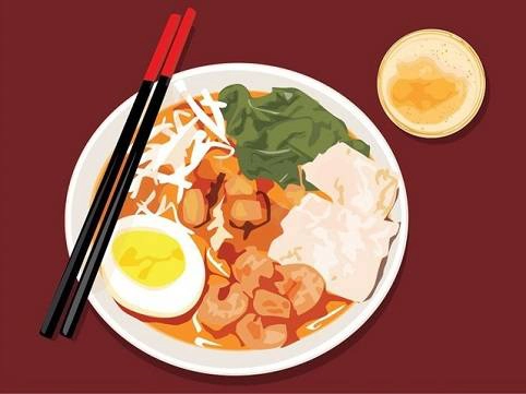 Singapore, Singapore: Một bát Hokkien Mee (một loại mỳ xào khô kết hợp giữa mỳ trứng và mỳ gạo đã được nấu chín qua nước luộc hải sản) và bia Tiger tại trung tâm Bukit Timal.