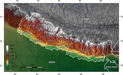 Bản đồ địa lý mô tả độ cao địa hình Nepal. Ảnh: Wikimedia.