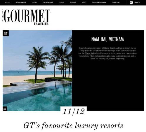 The Nam Hải vào Top 12 khu nghỉ dưỡng đẳng cấp nhất do tạp chí Gourmet Traveller của Úc bình chọn. Top 12 khu nThe Nam Hải vào Top 12 khu nghỉ dưỡng đẳng cấp nhất do tạp chí Gourmet Traveller của Úc bình chọn.