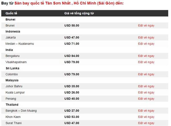 Các chặng bay từ TP Hồ Chí Minh