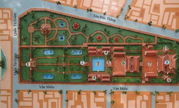 Sơ đồ toàn cảnh Văn Miếu - Quốc Tử Giám (quận Đống Đa, Hà Nội). Văn Miếu được xây dựng vào năm 1070 dưới thời vua Lý Thánh Tông, là nơi thờ Khổng Tử, các bậc Hiền triết của Nho giáo và Tư nghiệp Quốc tử giám Chu Văn An.
