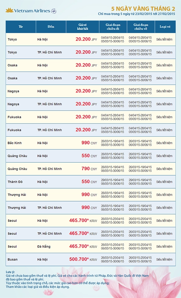 Chỉ mua trong 5 ngày từ 23/2/2015 đến 27/2/2015.