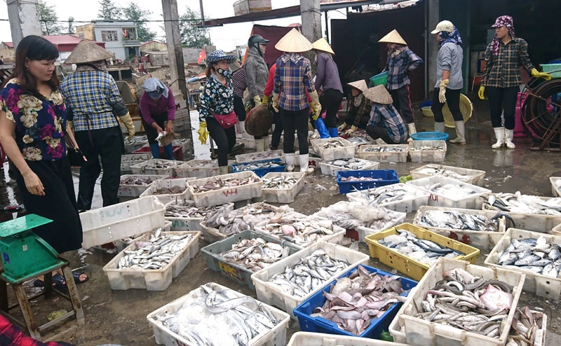 Khi tàu cập bến, cá tôm được đưa lên bến đầy ắp. Người mua - bán cũng tấp nập. Khi tàu cập bến, cá tôm được đưa lên bến đầy ắp. Người mua - bán cũng tấp nập.
