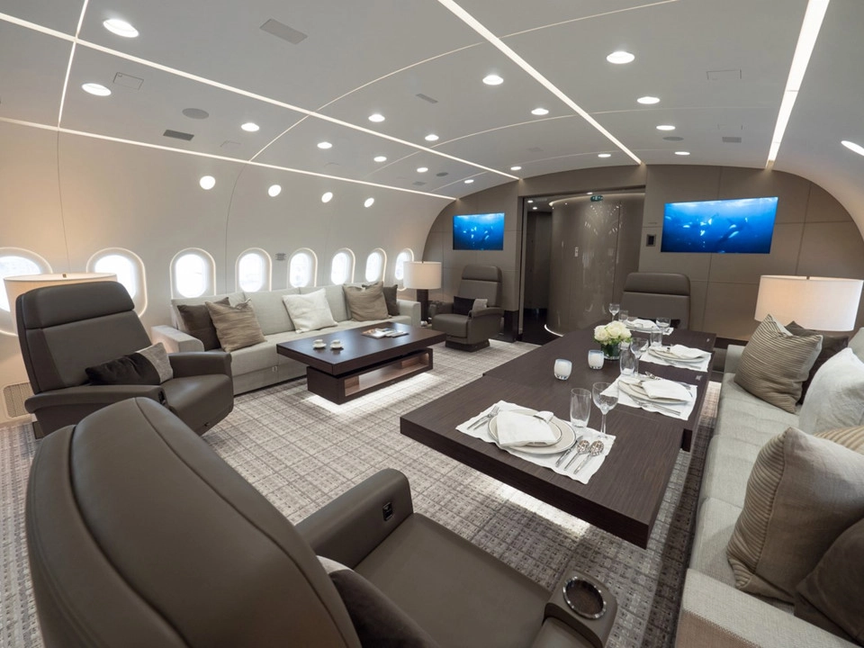7. Boeing 787-8 BBJ: Với thiết kế hiện đại bậc nhất, chủ yếu bằng vật liệu carbon composite, máy bay này có giá 224 triệu USD. Năm 2016, tập đoàn HNA của Trung Quốc chi thêm 100 USD để biến nó thành chuyên cơ sang trọng. Đây được coi là đứa con tinh thần của nhà thiết kế lừng danh Stephen Vella. Vì đây là chiếc Boeing Dreamliner được sản xuất làm chuyên cơ, nội thất và các phụ kiện bên trong phải được thiết kế tùy chỉnh từ đầu. 7. Boeing 787-8 BBJ: Với thiết kế hiện đại bậc nhất, chủ yếu bằng vật liệu carbon composite, máy bay này có giá 224 triệu USD. Năm 2016, tập đoàn HNA của Trung Quốc chi thêm 100 USD để biến nó thành chuyên cơ sang trọng. Đây được coi là đứa con tinh thần của nhà thiết kế lừng danh Stephen Vella. Vì đây là chiếc Boeing Dreamliner được sản xuất làm chuyên cơ, nội thất và các phụ kiện bên trong phải được thiết kế tùy chỉnh từ đầu.