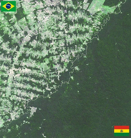 <strong>Brazil và Bolivia:</strong> Bức ảnh chụp từ tàu vũ trụ của NASA cho thấy sự khác biệt đáng kể trong việc sử dụng quỹ đất và phát triển kinh tế của hai nước. Trong khi Brazil mở rộng phần đất canh tác và định cư vào rừng nhiệt đới thì Bolivia lại kiên quyết bảo tồn khu vực nguyên sinh, tránh tác động của sự phát triển. <strong>Brazil và Bolivia:</strong> Bức ảnh chụp từ tàu vũ trụ của NASA cho thấy sự khác biệt đáng kể trong việc sử dụng quỹ đất và phát triển kinh tế của hai nước. Trong khi Brazil mở rộng phần đất canh tác và định cư vào rừng nhiệt đới thì Bolivia lại kiên quyết bảo tồn khu vực nguyên sinh, tránh tác động của sự phát triển.