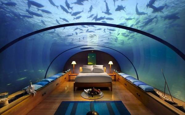 Khách sạn Conrad Maldives trên đảo Rangali có thiết kế phòng ngủ rất tuyệt vời vì nằm ở độ sâu khoảng 5 m dưới mực nước biển của Ấn Độ Dương, bao quanh bởi một rạn san hô và được bọc bằng kính cường lực trong suốt. Khách sạn Conrad Maldives trên đảo Rangali có thiết kế phòng ngủ rất tuyệt vời vì nằm ở độ sâu khoảng 5 m dưới mực nước biển của Ấn Độ Dương, bao quanh bởi một rạn san hô và được bọc bằng kính cường lực trong suốt.