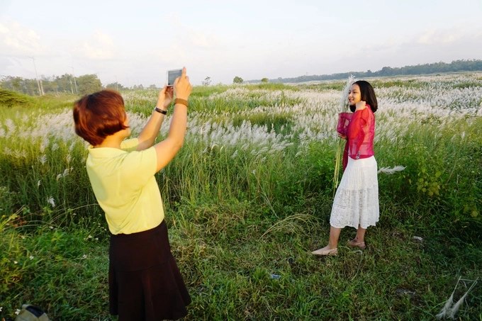 Thân cỏ lau cao quá thân người nên không dễ để có được bức ảnh mà cả hoa và người đều đẹp. "Tìm rất lâu tôi mới ra chỗ cao chụp được toàn cảnh cánh đồng phía sau", chị Huyền hứng khởi khi tìm được vị trí như ý.